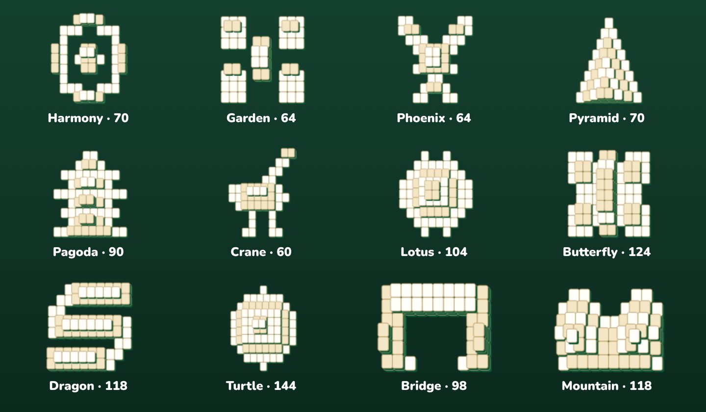 Previews of the 12 Instant Mahjong Solitaire layouts: Harmony, Garden, Phoenix, Pyramid, Pagoda, Crane, Lotus, Butterfly, Dragon, Turtle, Bridge and Mountain