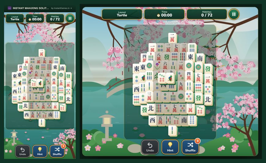 Instant Mahjong Solitaire on a phone and in a desktop browser
